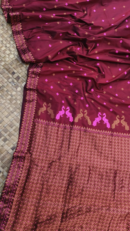 Brown Pure Mulberry Silk Silver Zari Work Assam Silk saree With Mayur Motifs