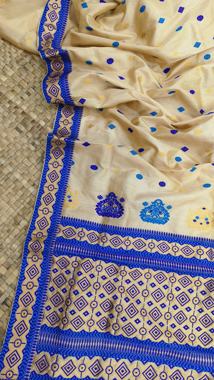 Pure Tussar By Tussar Silk Zari & Thread Work assam Silk saree  With Blue Colour Motifs