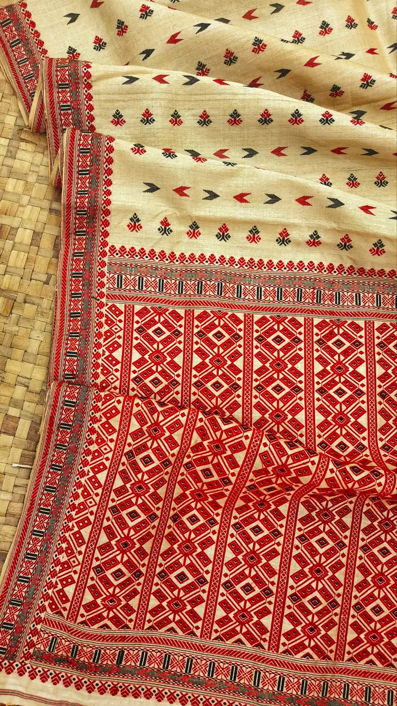 Maroon Pure Tussar By Muga Silk Thread Work Assam Silk Saree