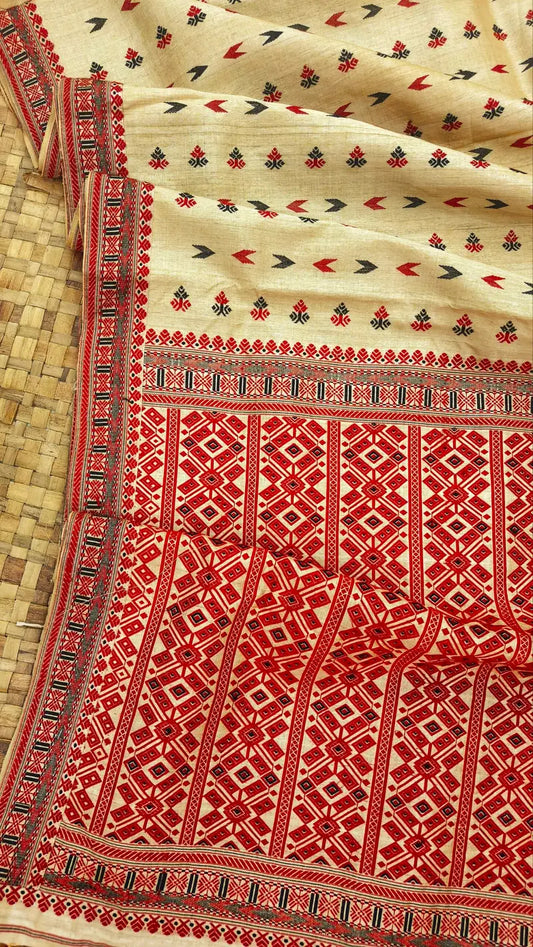 Maroon Pure Tussar By Muga Silk Thread Work Assam Silk Saree