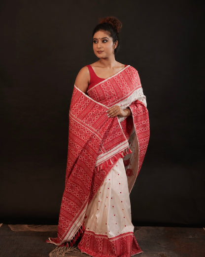 White Pure Mulberry Silk Big Border Thread Work Assam Silk Saree