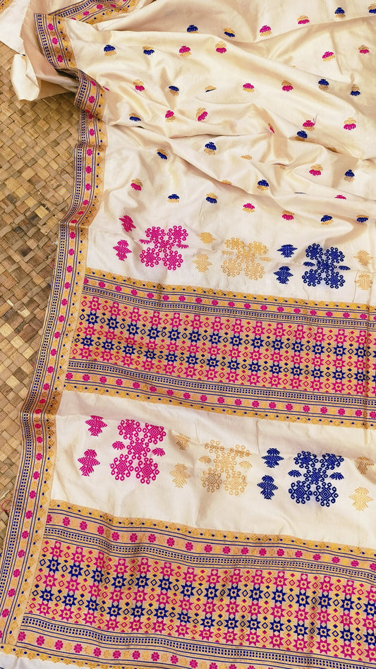 Pure Tussar By Mulberry (Tospaat) Zari & Thread Work Assam silk saree