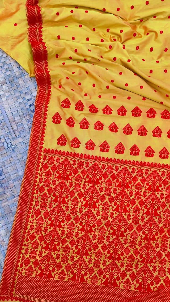 Mustard Yellow Pure Mulberry Silk Thread Work Assam Silk Saree