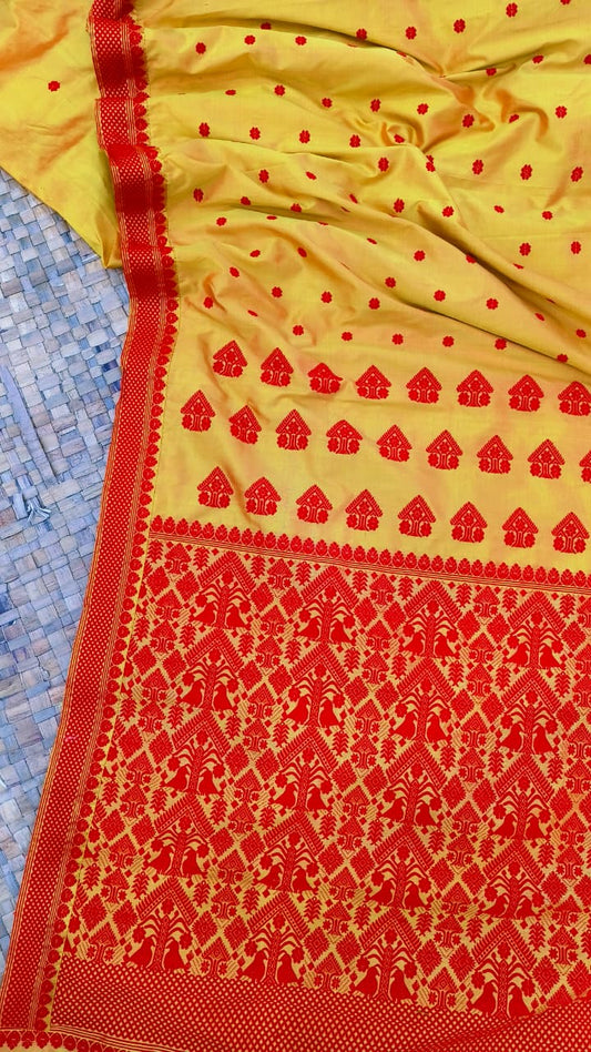 Mustard Yellow Pure Mulberry Silk Thread Work Assam Silk Saree
