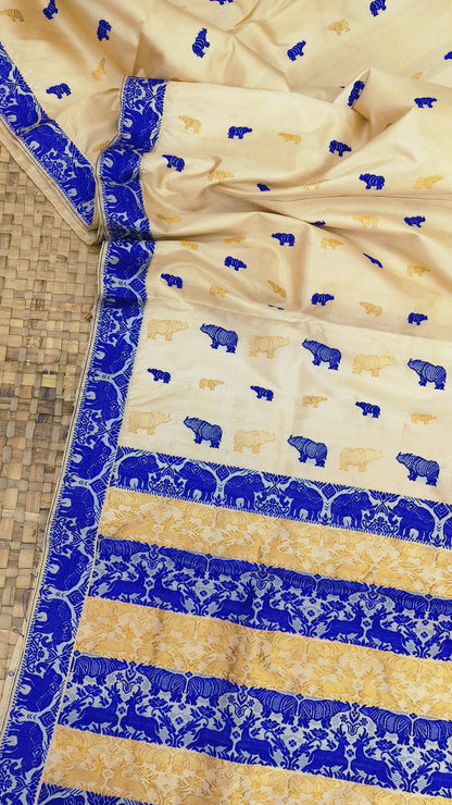 Pure Tussar By Tussar Silk Kaziranga Zari & Thread Work assam Silk saree  With Blue Colour Motifs