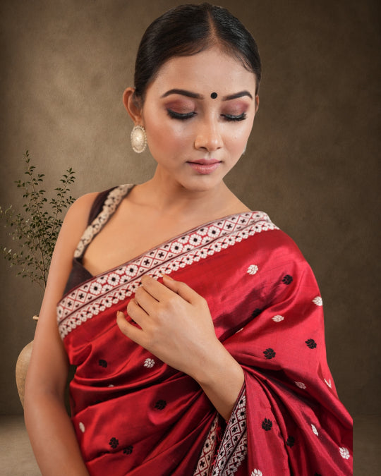 Maroon Pure Mulberry Silk Thread Work Assam Silk Saree