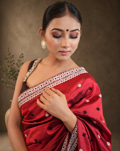 Maroon Pure Mulberry Silk Thread Work Assam Silk Saree