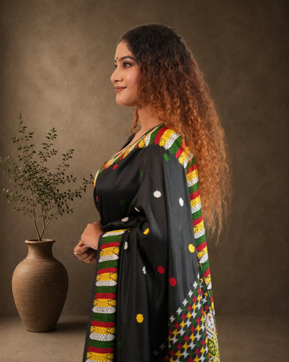 Black Pure Mulberry Thread Work Interwoven Designer Assam Silk Saree