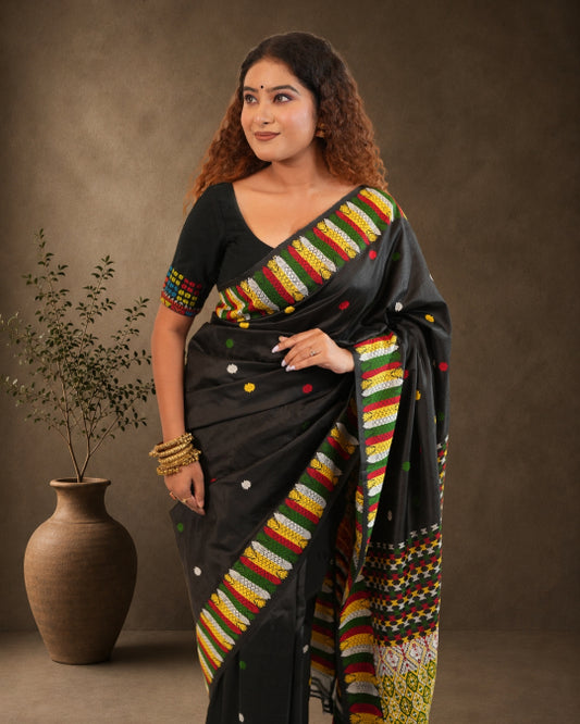 Black Pure Mulberry Thread Work Interwoven Designer Assam Silk Saree