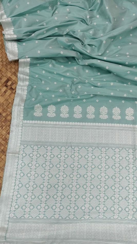 DARK Sky Blue Pure Mulberry Silk Thread Work Assam Silk Saree