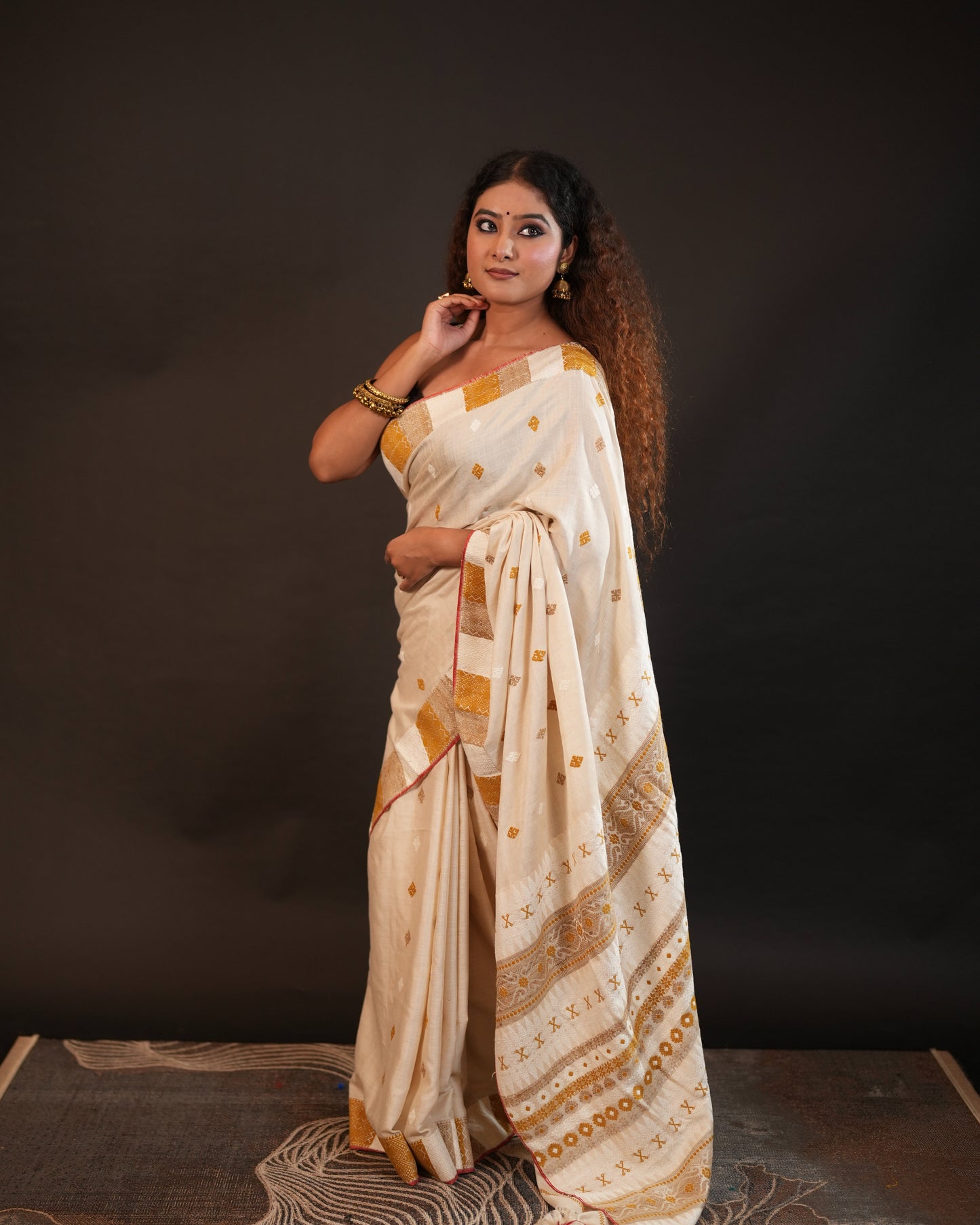 Off White Pure Eri By Eri Silk With Muga Ghisa Work Interwoven Assam Silk Saree
