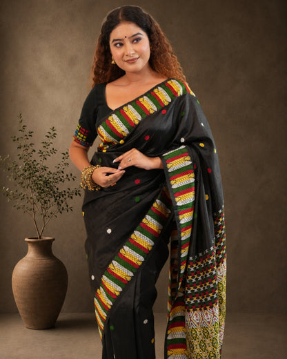 Black Pure Mulberry Thread Work Interwoven Designer Assam Silk Saree
