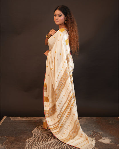 Off White Pure Eri By Eri Silk With Muga Ghisa Work Interwoven Assam Silk Saree