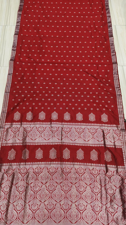 Maroon Pure Mulberry Silk Silver Zari Work Assam Silk saree