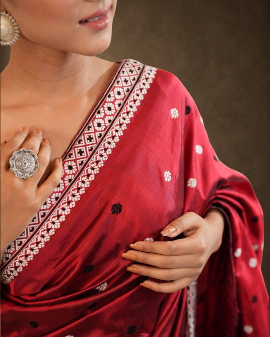 Maroon Pure Mulberry Silk Thread Work Assam Silk Saree
