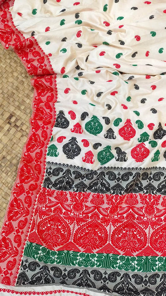 Pure Tussar By Mulberry ( Tospaat ) Thread Work Big Border Assam Silk Saree