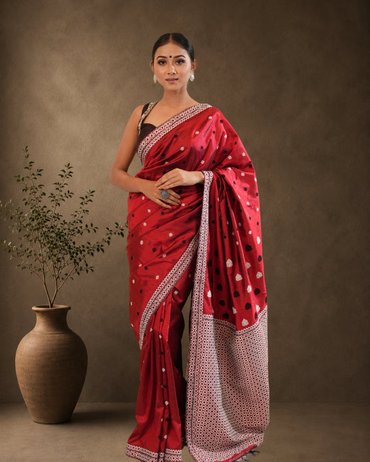 Maroon Pure Mulberry Silk Thread Work Assam Silk Saree
