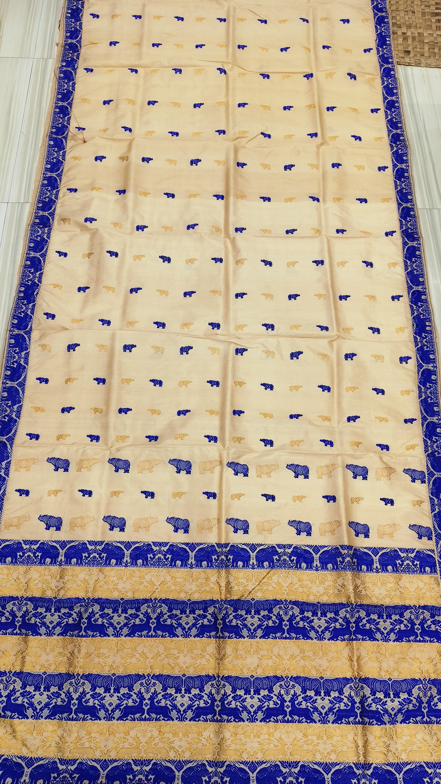 Pure Tussar By Tussar Silk Kaziranga Zari & Thread Work assam Silk saree  With Blue Colour Motifs