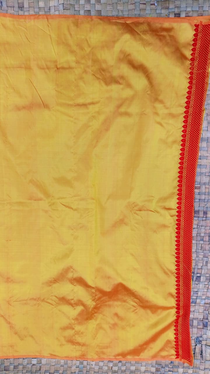 Mustard Yellow Pure Mulberry Silk Thread Work Assam Silk Saree
