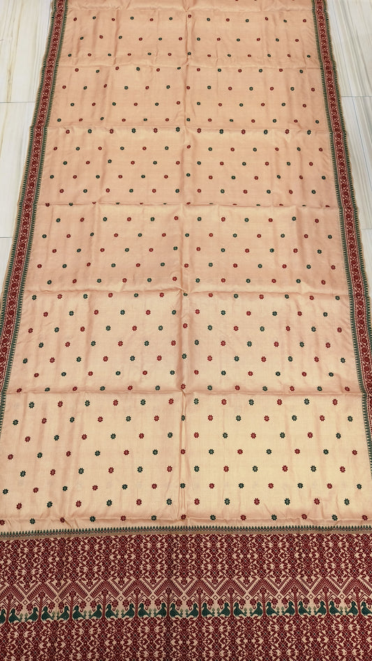 Pure Tussar By Tussar Silk Thread Work Interwoven Assam silk saree  With Maroon Colour Motifs