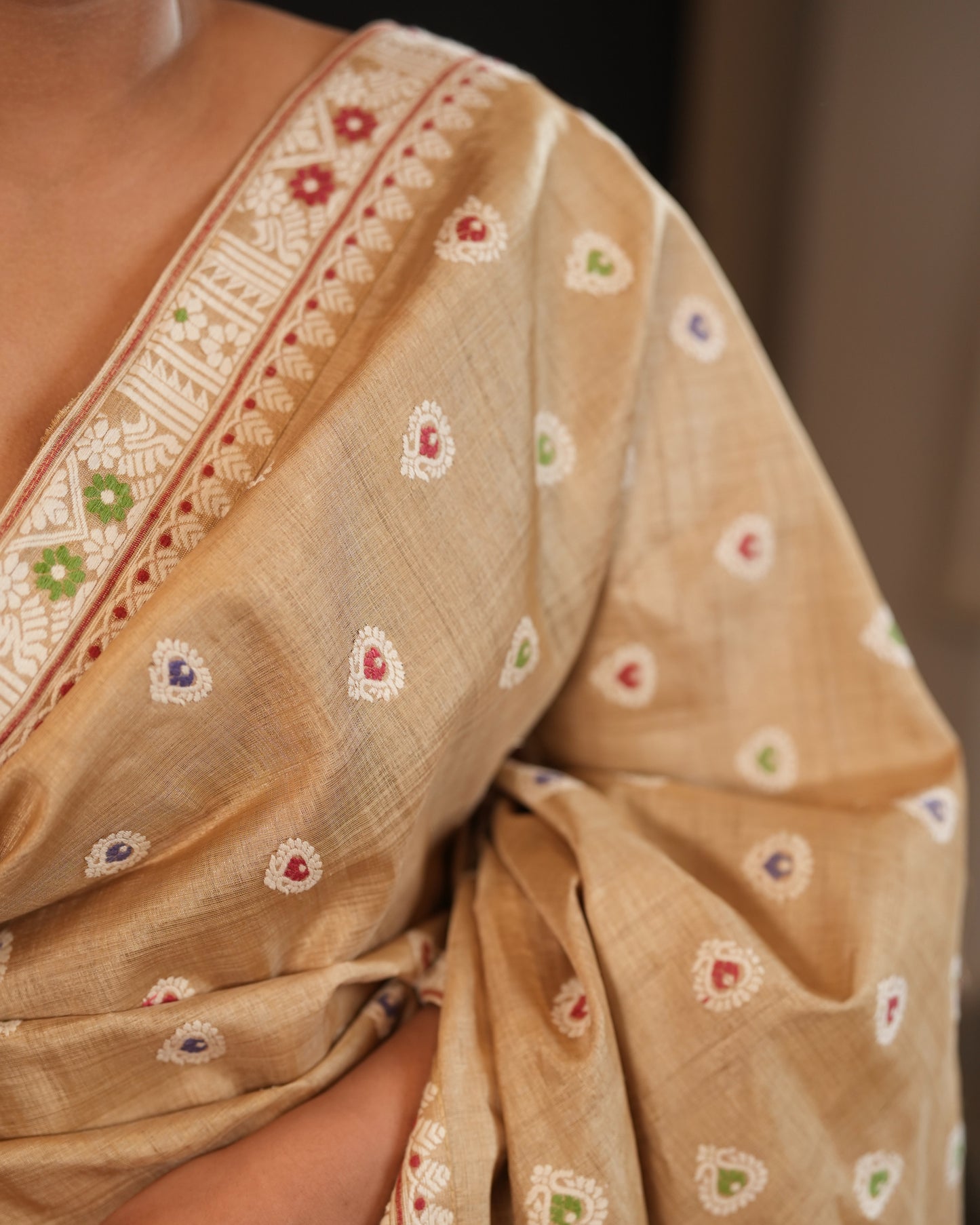 Pure Muga Silk With Eri Motifs Thread Work Assam Silk Saree