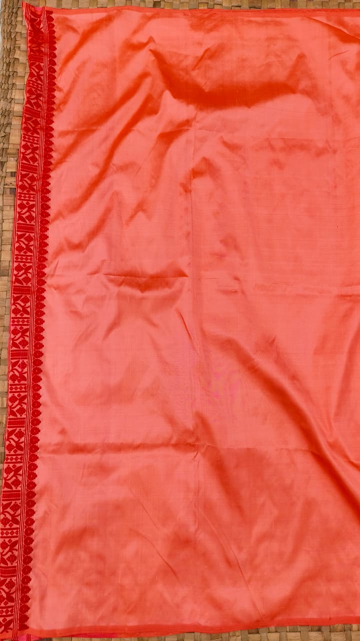Coral Pure Mulberry Silk Thread Work Assam Silk Saree