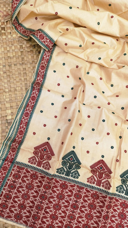Pure Tussar By Tussar Thread Work Interwoven Assam SIlk Saree With Small Anchal and Dual Colour Motifs