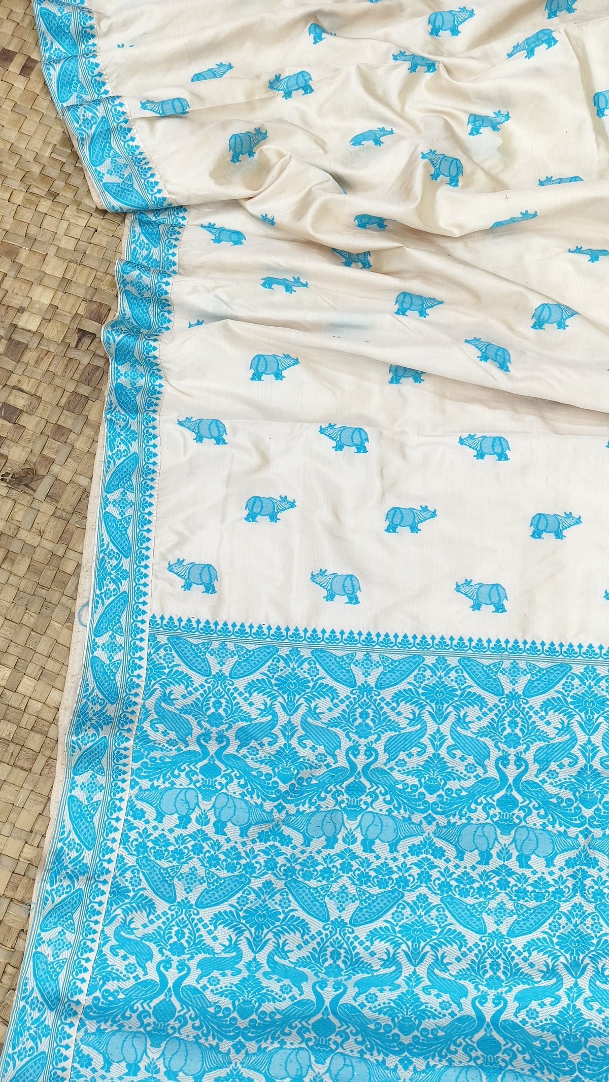 Pure Tussar By Mulberry (Tospaat) Silk Threadwork Kaziranga Assam Silk Saree with Sky Blue Motifs