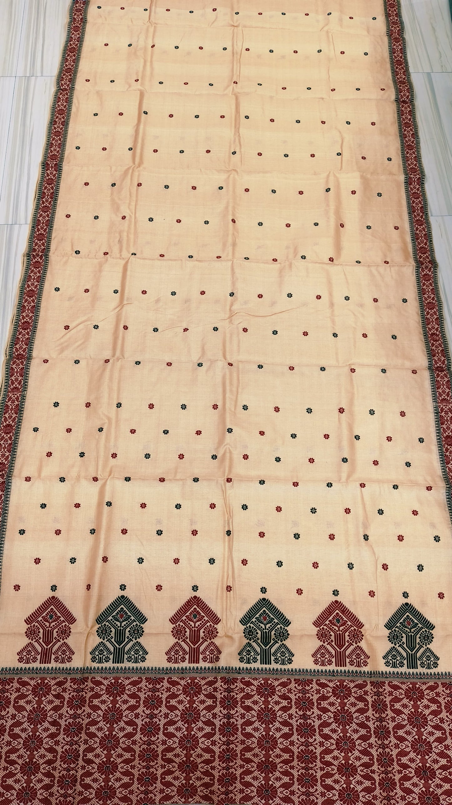 Pure Tussar By Tussar Thread Work Interwoven Assam SIlk Saree With Small Anchal and Dual Colour Motifs