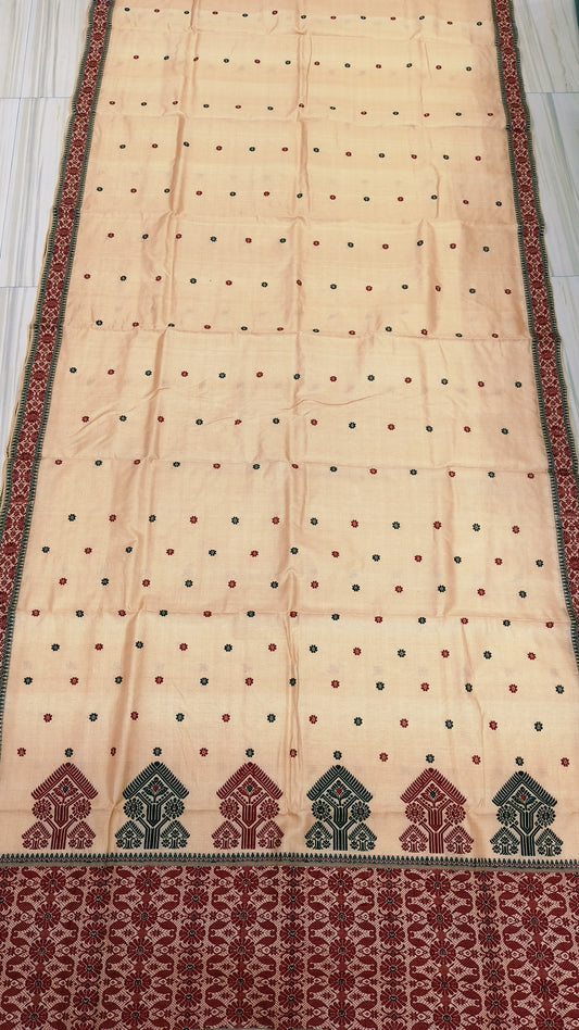 Pure Tussar By Tussar Thread Work Interwoven Assam SIlk Saree With Small Anchal and Dual Colour Motifs