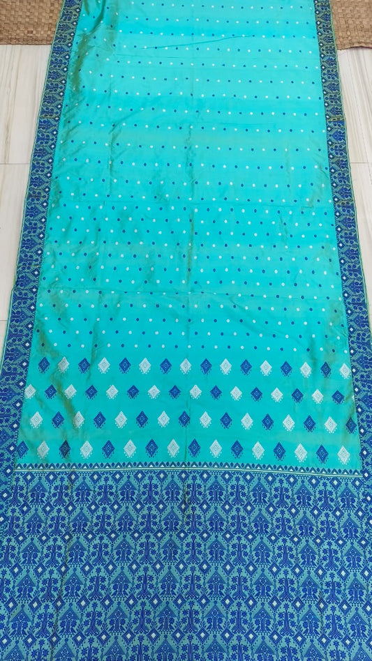 Pure Mulberry Silk Thread Work Blue And Yellow Dual Tone Assam Silk Saree