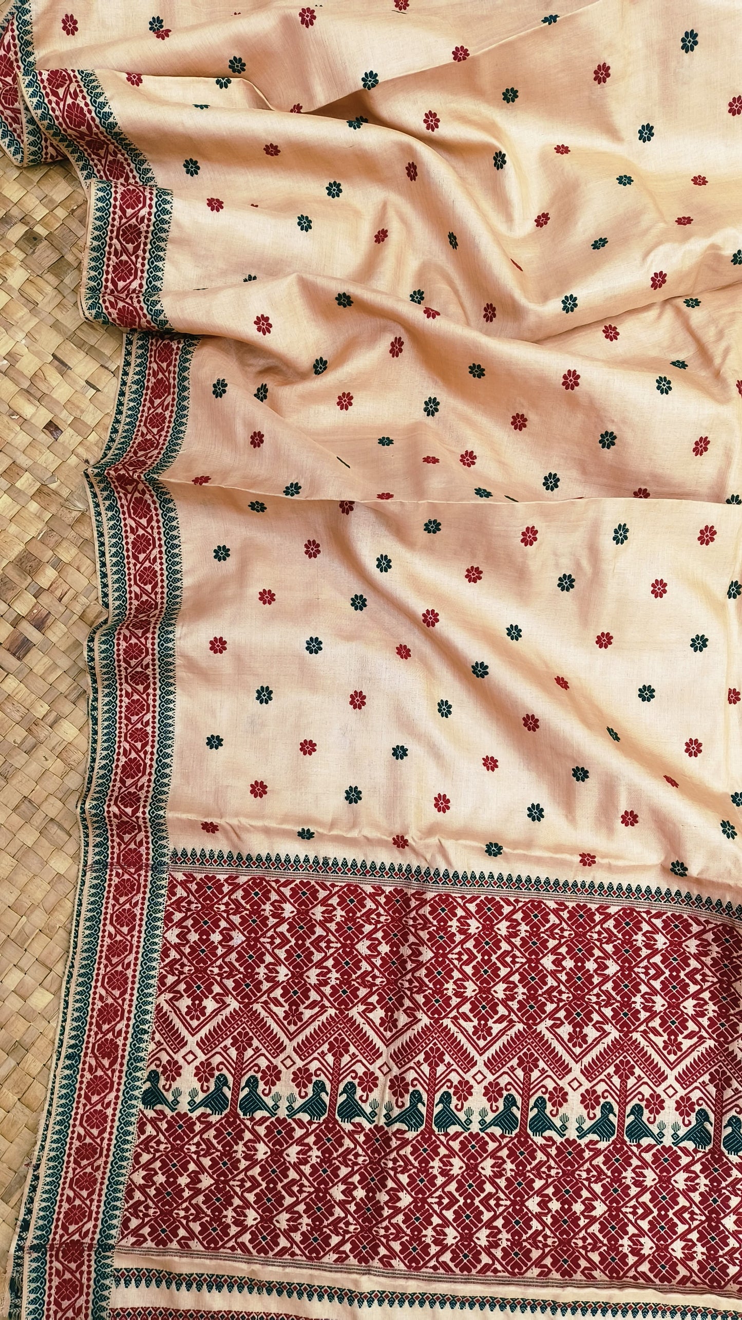Pure Tussar By Tussar Silk Thread Work Interwoven Assam silk saree  With Maroon Colour Motifs