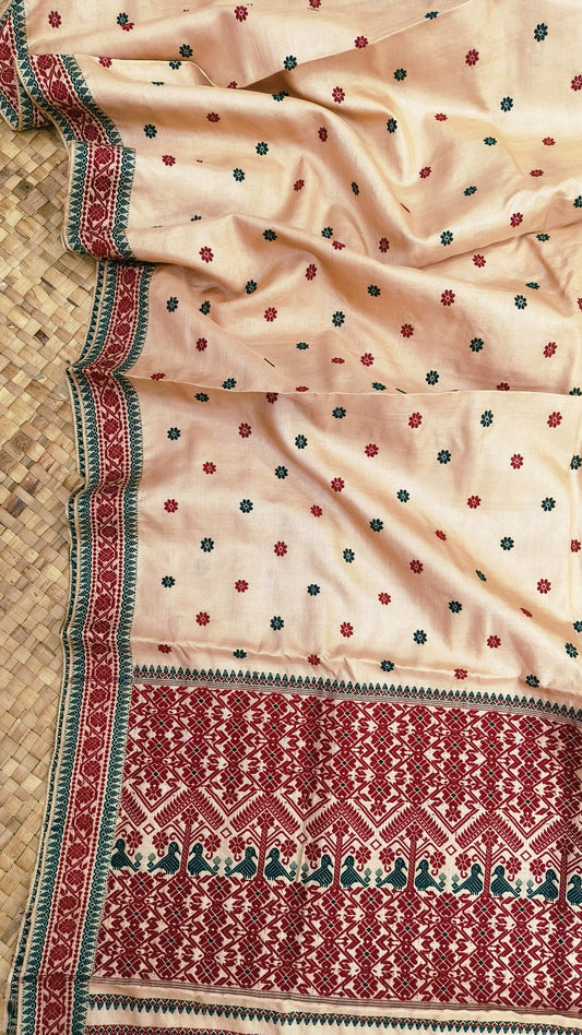 Pure Tussar By Tussar Silk Thread Work Interwoven Assam silk saree  With Maroon Colour Motifs