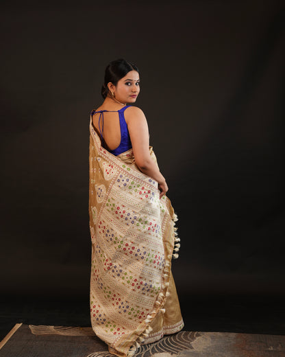 Pure Muga Silk With Eri Motifs Thread Work Assam Silk Saree