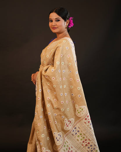 Pure Muga Silk With Eri Motifs Thread Work Assam Silk Saree