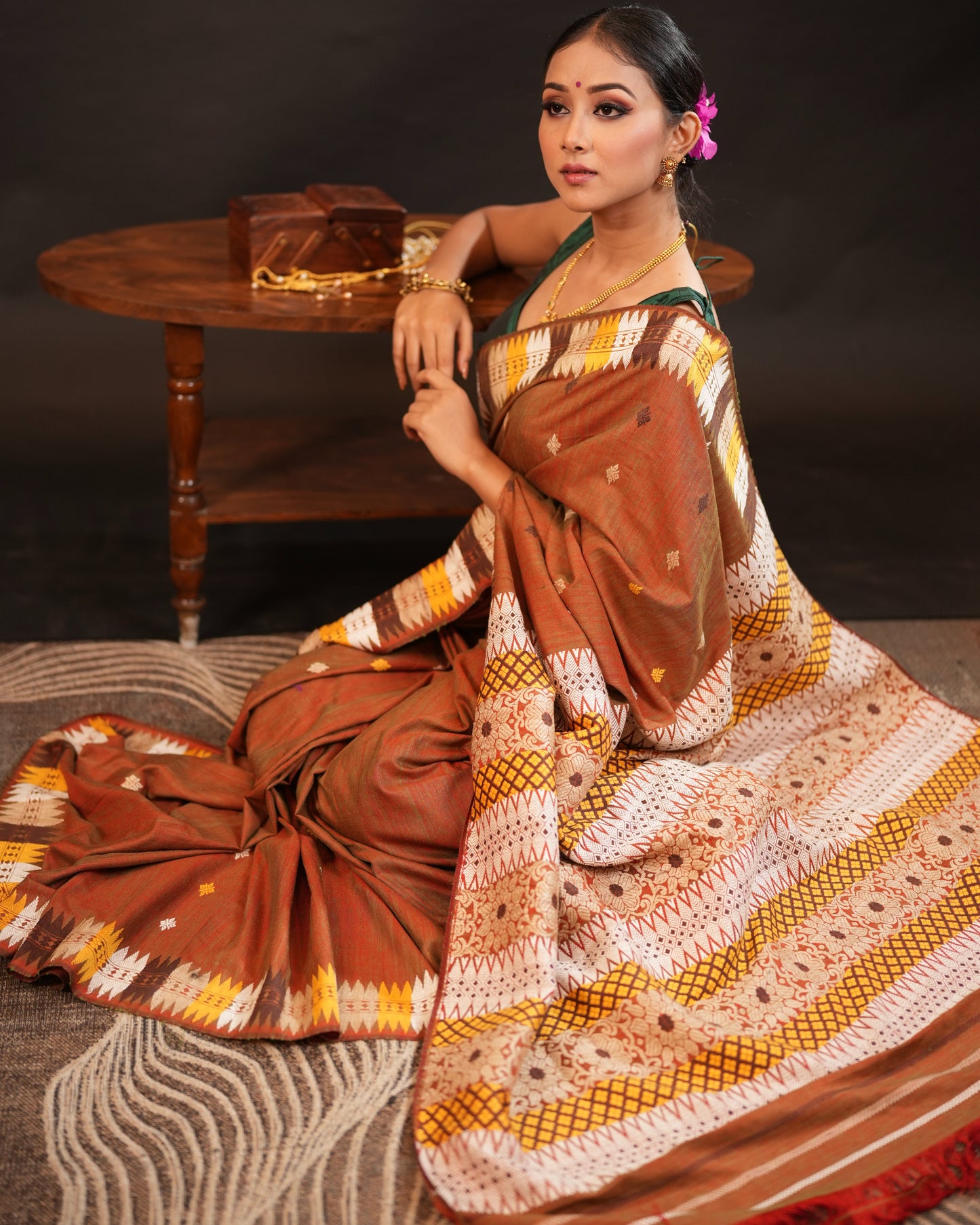 Brown Pure Eri By Eri Silk With Muga Ghisa Thread Work Interwoven Assam Silk Saree