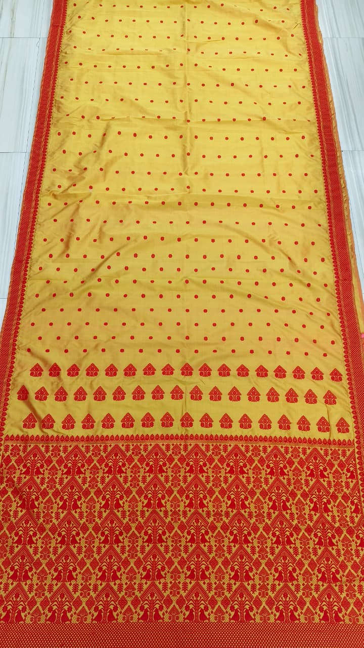 Mustard Yellow Pure Mulberry Silk Thread Work Assam Silk Saree