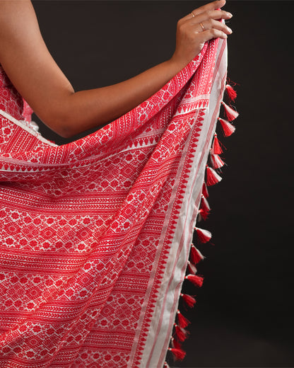 White Pure Mulberry Silk Big Border Thread Work Assam Silk Saree