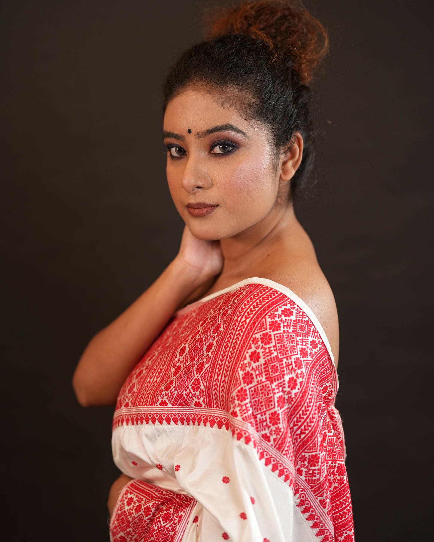 White Pure Mulberry Silk Big Border Thread Work Assam Silk Saree
