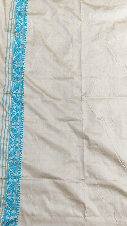 Pure Tussar By Mulberry (Tospaat) Silk Threadwork Kaziranga Assam Silk Saree with Sky Blue Motifs