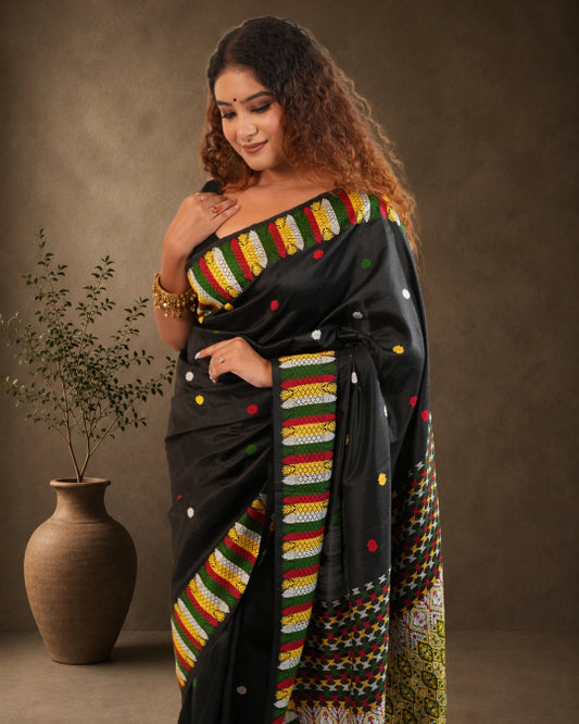 Black Pure Mulberry Thread Work Interwoven Designer Assam Silk Saree