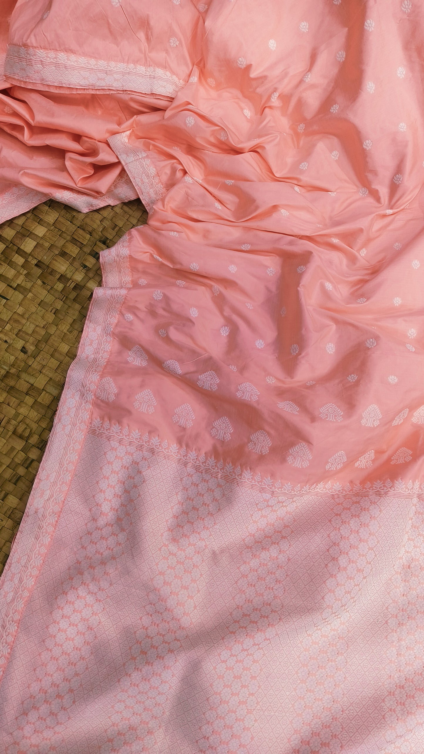 Pastel Pink Pure Mulberry Silk Thread Work Assam silk Saree