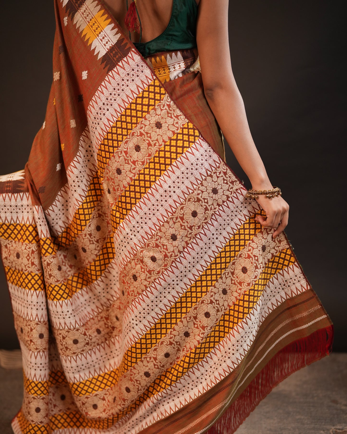 Brown Pure Eri By Eri Silk With Muga Ghisa Thread Work Interwoven Assam Silk Saree
