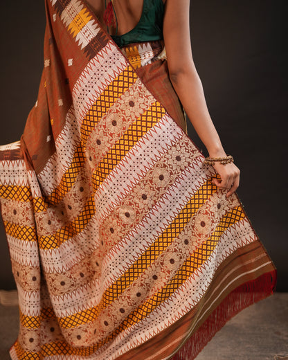 Brown Pure Eri By Eri Silk With Muga Ghisa Thread Work Interwoven Assam Silk Saree
