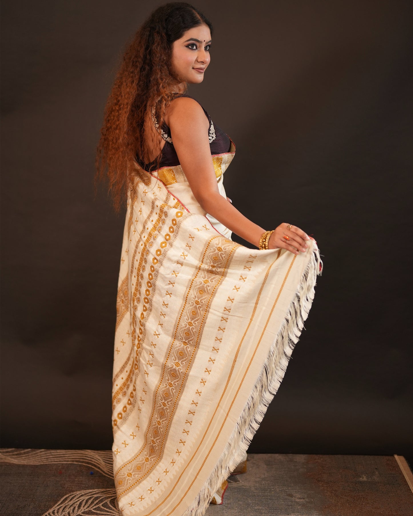 Off White Pure Eri By Eri Silk With Muga Ghisa Work Interwoven Assam Silk Saree