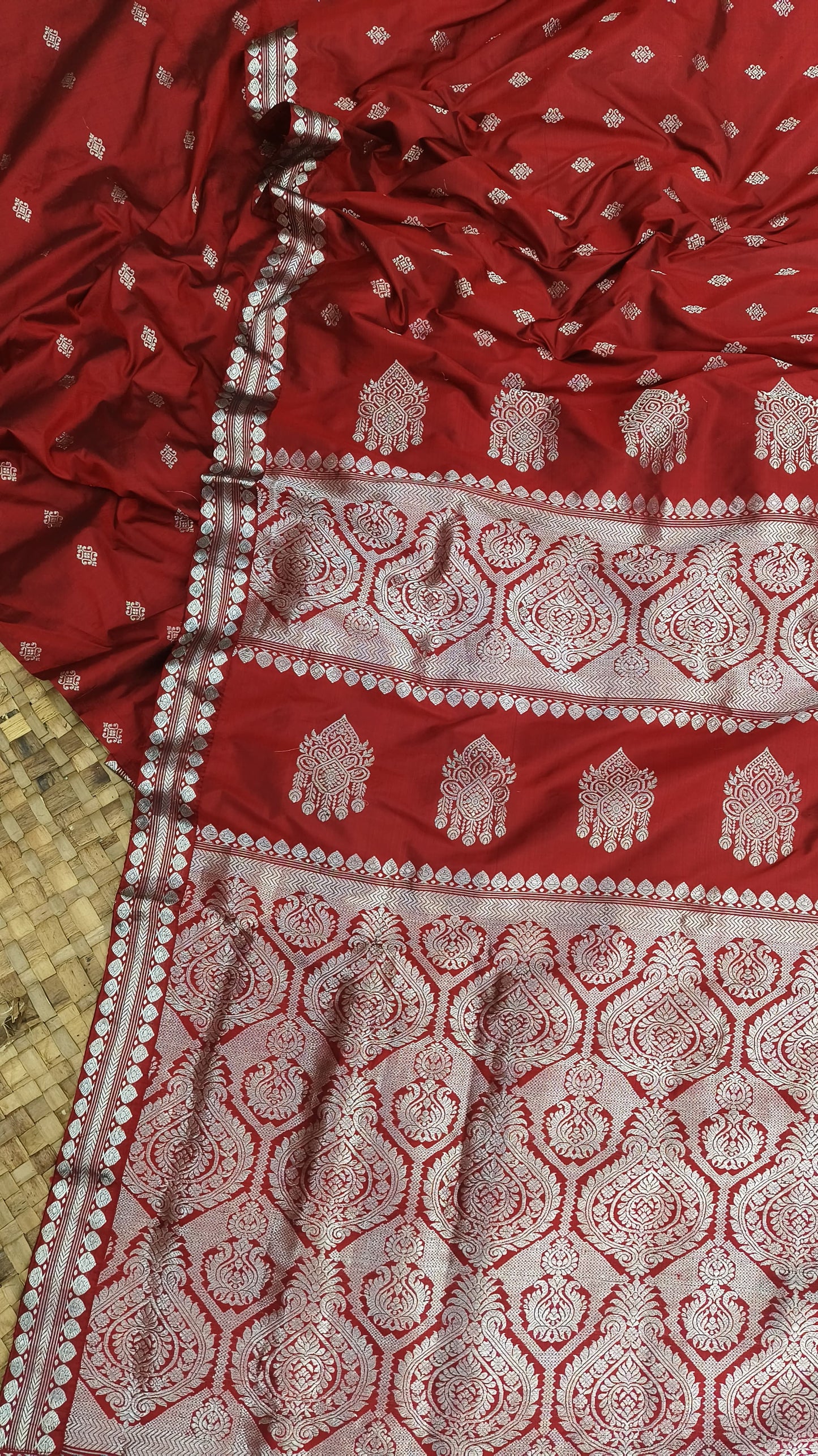 Maroon Pure Mulberry Silk Silver Zari Work Assam Silk saree