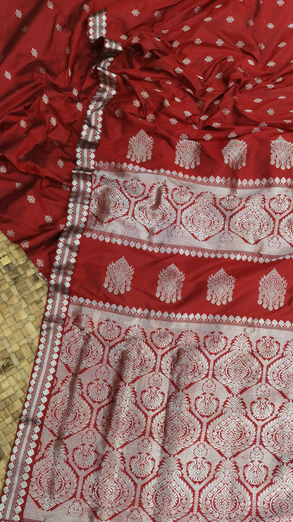 Maroon Pure Mulberry Silk Silver Zari Work Assam Silk saree