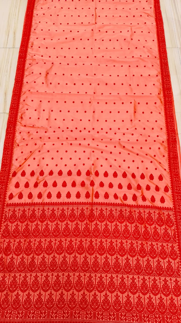 Coral Pure Mulberry Silk Thread Work Assam Silk Saree
