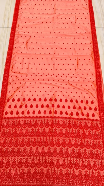 Coral Pure Mulberry Silk Thread Work Assam Silk Saree