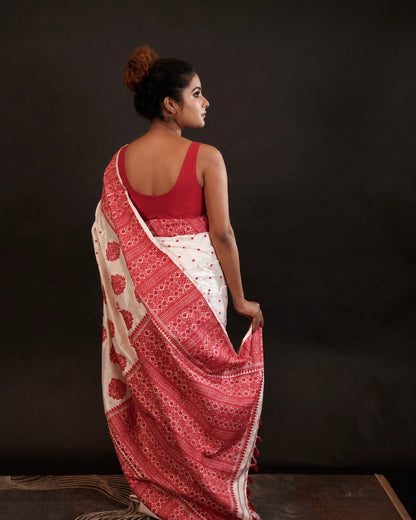 White Pure Mulberry Silk Big Border Thread Work Assam Silk Saree